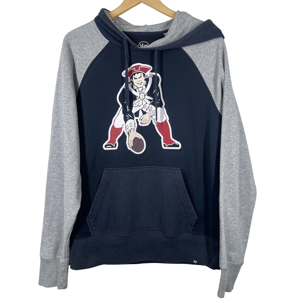 47 Brand Mens New England Patriots Raglan Hoodie Pullover Navy Gray Size Medium